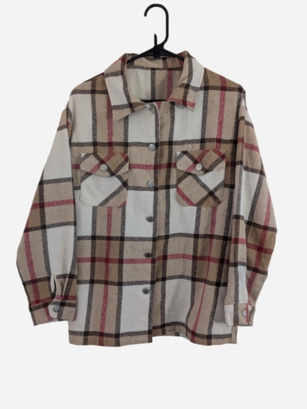 Women's Plaid Shacket Jacket - Cream, Tan & Red